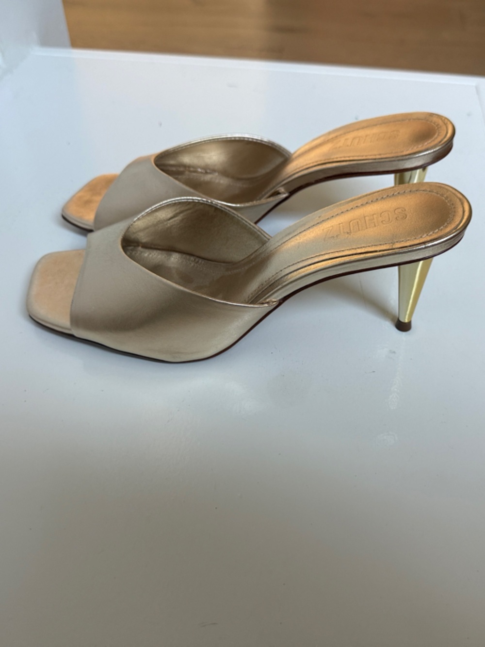 NWOT SCHUTZ Metallic Gold Open-Back Heeled Sandals